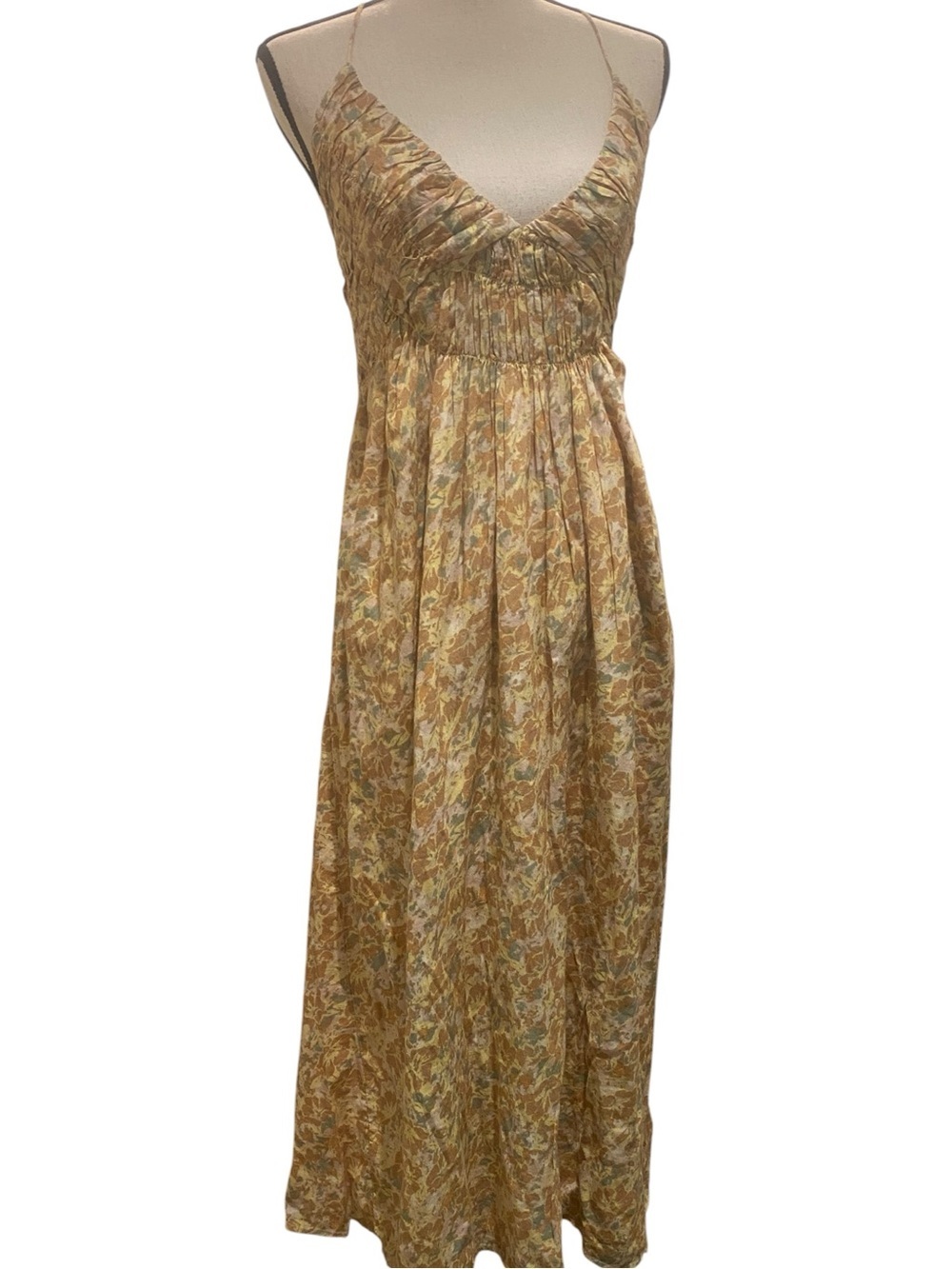 Women’s Yellow Floral Summer Maxi Dress Smocked Waist adjustable ties size large